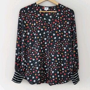 Cabi Women Small Bloom Blouse Black Floral Long Sleeve V-Neck Button Front Top